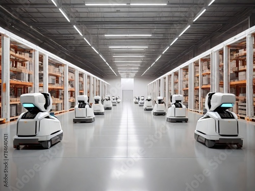 modern warehouse with robot couriers in white colors