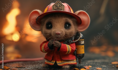 Illustration, mouse fireman on a blurred background.