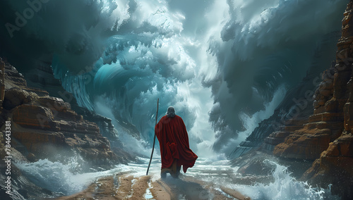 Moses separate the sea in exodus. Israelites crossing the red sea. Biblical and religion illustration. Happy Passover, Pesah