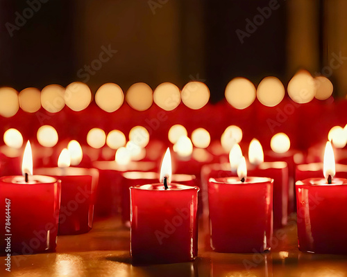 Rows of red votive candles lit in a dark room, creating a warm, serene atmosphere with a soft bokeh effect in the background. 