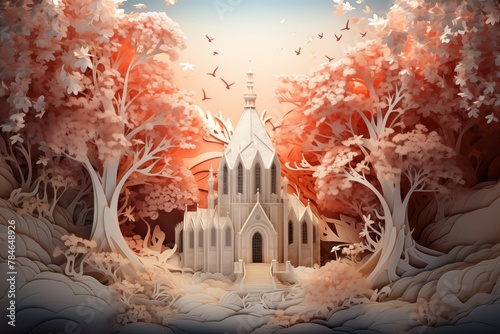 Beautiful ancient sylvan church from paper cut out effect