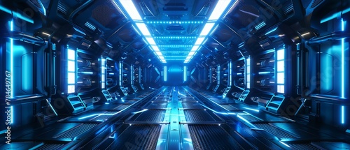 Scifi spaceship corridor, blue lighting, vanishing point perspective, high detail