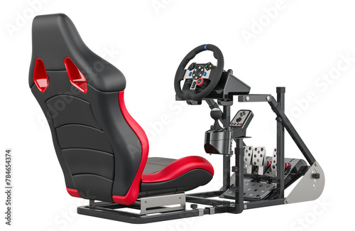 Racing simulator cockpit with gaming racing steering wheel, foot pedal. 3D rendering isolated on transparent background