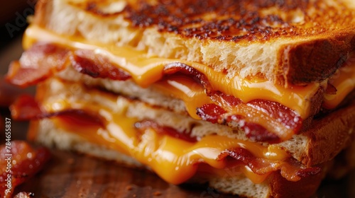 A close-up of a grilled cheese and bacon sandwich