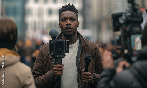 Man public black speaker giving speech in front of tv camera or breaking news reporter covering live news media and television press headlines standing in the middle of the street holding microphone