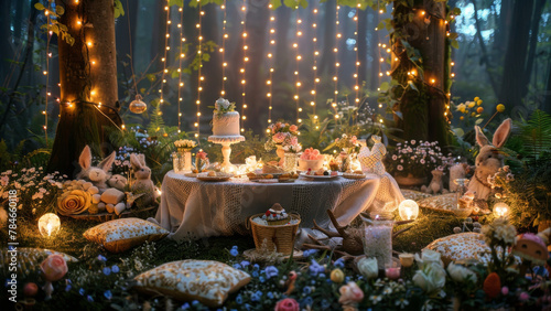 A whimsical tea party setup in the forest, adorned with fairy lights, stuffed bunnies, and a spread of sweet treats amidst floral arrangements.