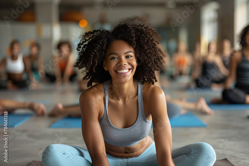 Uma linda mulher sentada em uma academia de ginástica em sua aula de ioga