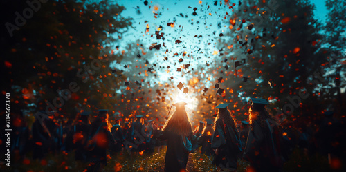 Euphoric students in graduation gowns reaching towards a sky filled with flying mortarboards, embodying the culmination of their hard work and the commencement of a new journey