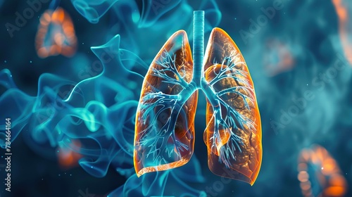 A CT model displays a breathing lung, outlined in orange against a blue background. Inside, blue gas flows, vividly representing the respiratory process with contrasting clarity.