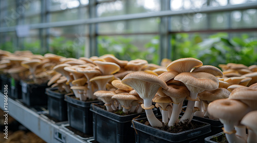 Photography, king oyster mushrooms grown in large areas in high-tech indoor greenhouses, king oyster mushrooms grow in individual bottom boxes, overhead shot, long shot, super long shot, neat, clean