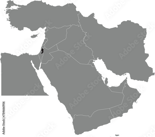 Black detailed blank political map of PALESTINE with white borders on transparent background using orthographic projection of the gray Middle East