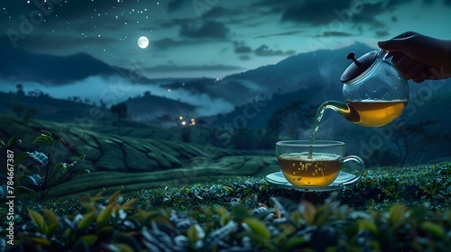 Glass teapot pours hot tea into transparent cup on wooden table with fresh leaves on tea plantation, night mystic field background, moonlight, magic, with copy space for text, product advertisement. 