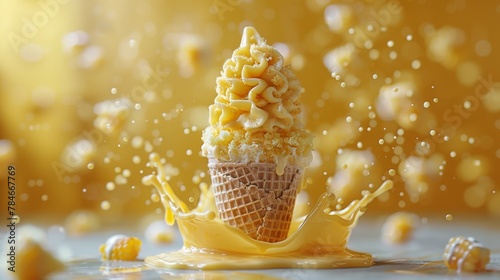 Fruit concept idea of corn fruit floating on yellow background with ice cream cone.