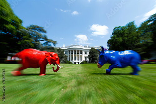 Red elephant and blue donkey, symbolize political parties in the US, facing off outside the White House with a motion blur background. Shallow depth of field