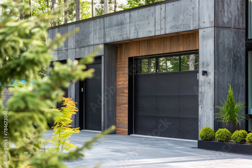 A close-up of a modern two-car garage. The garage is part of a contemporary home, with clean lines and a minimalist design