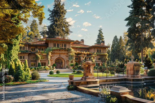 A Craftsman estate with an elaborate entry gate, winding drive, and a stately main house surrounded by formal gardens and a reflecting pool, embodying early 20th-century elegance.