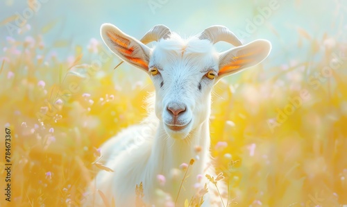 Capture the innocence and playfulness of a cute goat in a lush meadow using watercolor techniques Emphasize the fluffy fur and expressive eyes