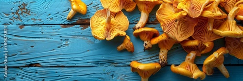 Fresh golden chanterelles piled on a blue surface, wide panoramic banner with copy space.