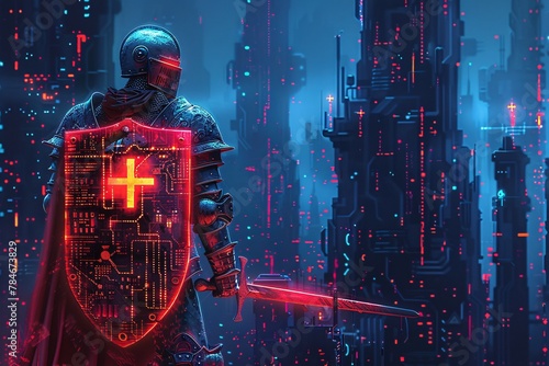 A digital knight holding a shield stands confidently in front of a digital stream of data representing cyber security protection. 