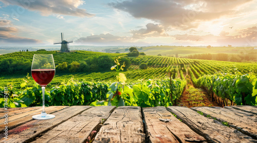 A glass of red wine is on a wooden table in front of a windmill