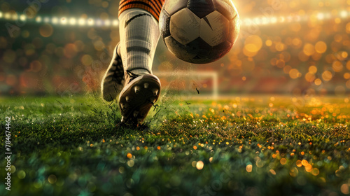 Soccer player's foot kicking the ball on the football field with a blurred stadium background, a closeup of the soccer boot and ball