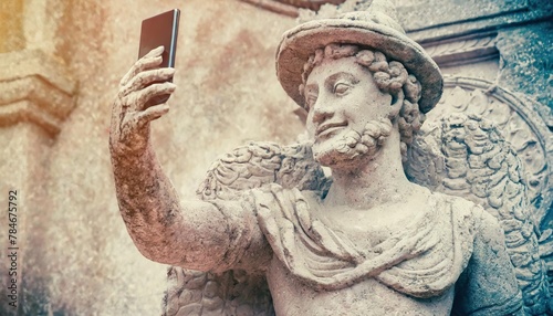 Antique stone statue taking selfie on phone , concept of Vintage art