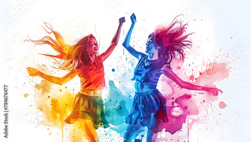 A watercolor portrait of smiling dancing females, depicting joy and celebration.