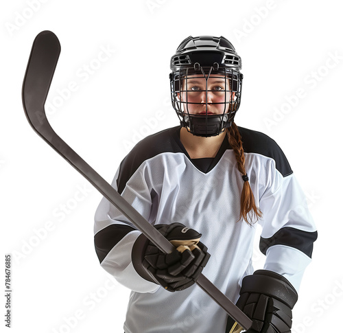Young Ice hockey girl player holding a stick wearing a full face helmet