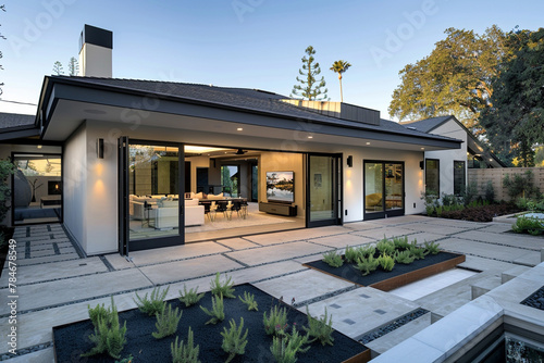 A Craftsman home with a modern twist, featuring a flat roof, large sliding doors, and a minimalist garden with geometric landscaping elements.