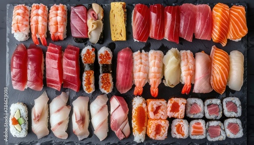 Assorted sushi and sashimi platter top view