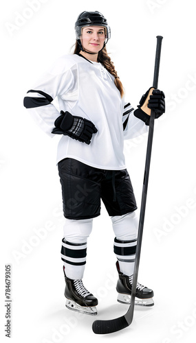 Professional female ice hockey player in full body portrait, isolated background