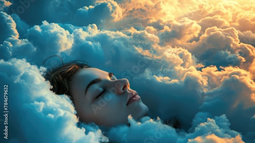The close up picture of the caucasian female human that laying down for sleeping on the sea of the cloudscape that act like pillow that look fluffy and soft at the bright sky of the daytime. AIGX03.