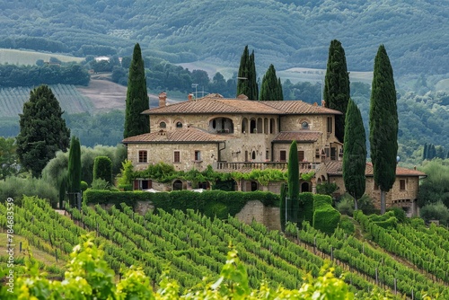 A photo of a spacious house perched on top of a vibrant green hill, providing a striking contrast between the architecture and natural landscape, A Tuscan villa surrounded by vineyards, AI Generated