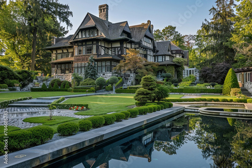 A Craftsman mansion with a formal parterre garden, reflecting pool, and a carriage house, set on an estate with old-growth trees and manicured lawns.