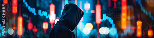 Hooded Figure Against Vibrant City Lights at Night
