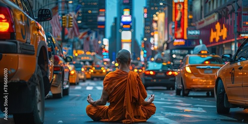 Buddhist monk witting in meditation in the middle of a busy city street filled with traffic