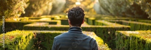 Executive in a business suit standing in front of a hedge maze - career path concept navigating complicated work choices