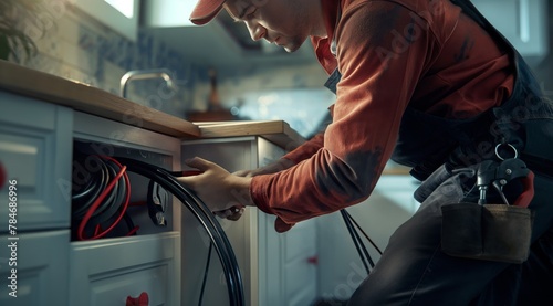 A male plumber is a specialist who maintains and repairs a pipeline or drain under the sink, draining the kitchen sink