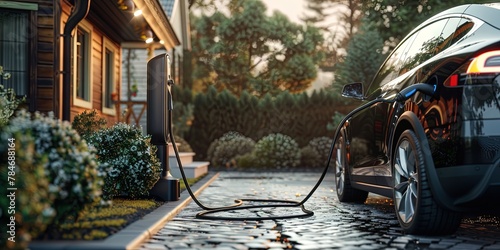 photo of electric vehicle charging at home in driveway