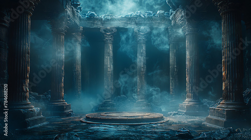 A dark Greek-style fighting arena with stone pillars and columns, with an empty circle in the center of the stage. The background is dark and mysterious. 16:9