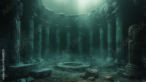 A dark Greek-style fighting arena with stone pillars and columns, with an empty circle in the center of the stage. The background is dark and mysterious. 16:9