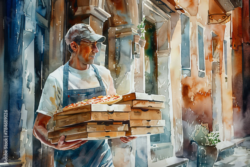 A watercolor portrayal of a pizza chef in a city alley