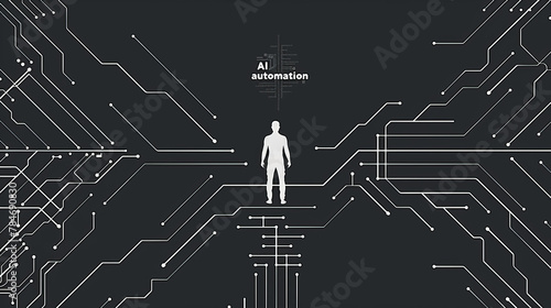 The white silhouette of a man standing on an arrow with a circuit board pattern points to the text "AI automation". Ai and automation concept