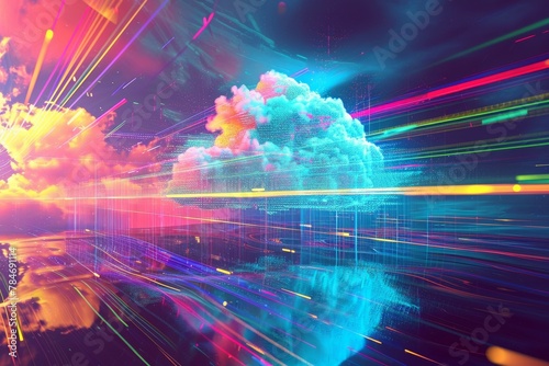 A vibrant, multicolored cloud fills the sky, creating a striking visual display, A vibrant psychedelic depiction of data transfer to cloud storage, AI Generated