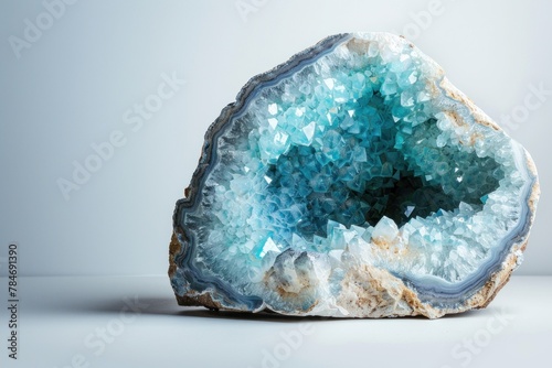 An open geode displaying a range of colors from vibrant blues to serene whites, ideal for educational materials or as a focal point in interior design.