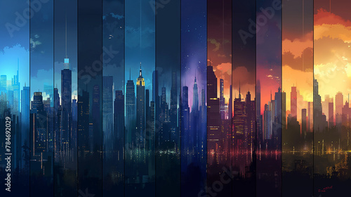  City Skylines Panoramic views of city skylines at different times of the day, showcasing urban architecture and vibrant city lights