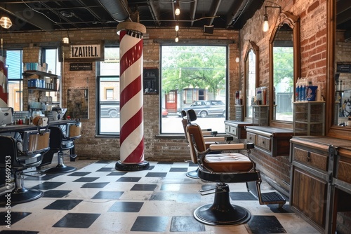 A photo of a barber shop featuring a checkered floor and a barber chair where haircuts are being performed, A vintage inspired hair salon complete with a barber pole, AI Generated