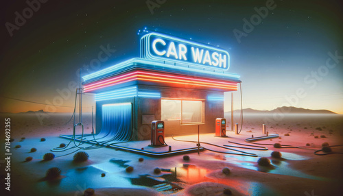 A neon-lit car wash stands isolated in a desert landscape at dusk, with glowing signs, hoses strewn on the ground, and vintage gas pumps, creating a retro-futuristic scene with a touch of nostalgia.