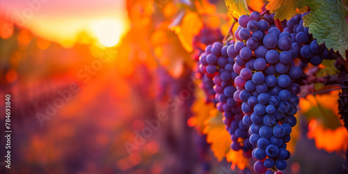 Golden Hour Sunset Over Lush Vineyard with Ripe Grapes