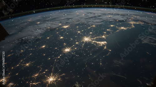View of the Earth from space. Night lights of big cities. A cosmic perspective on human civilization, city lights illuminating the darkness.